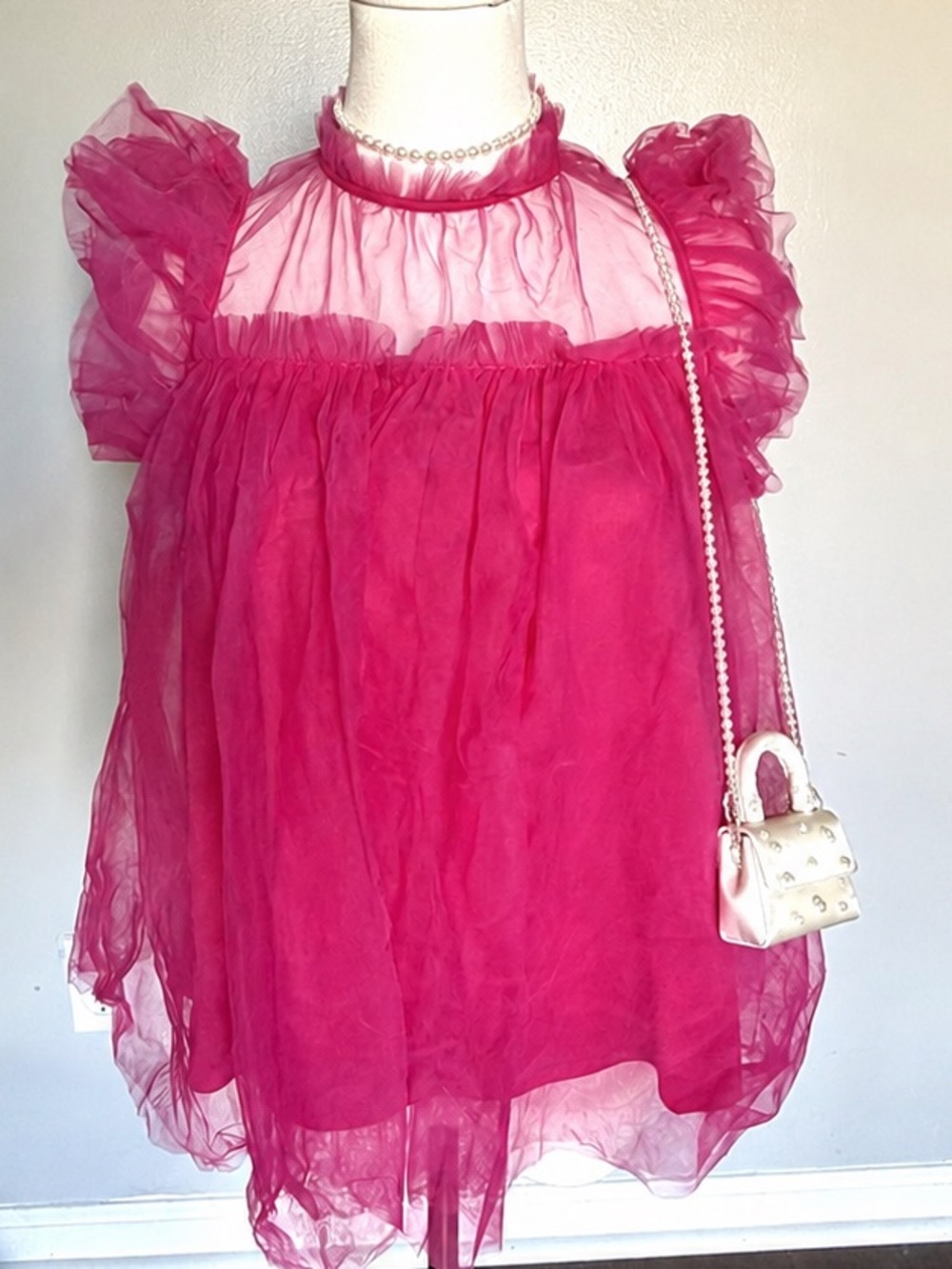 BiBi Sheer Ruffled Cap Sleeve Blouse in Bright Pink